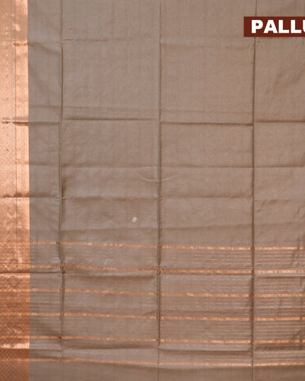 Semi tussar saree grey and pinnk with plain body and copper zari woven border & kalamkari printed blouse