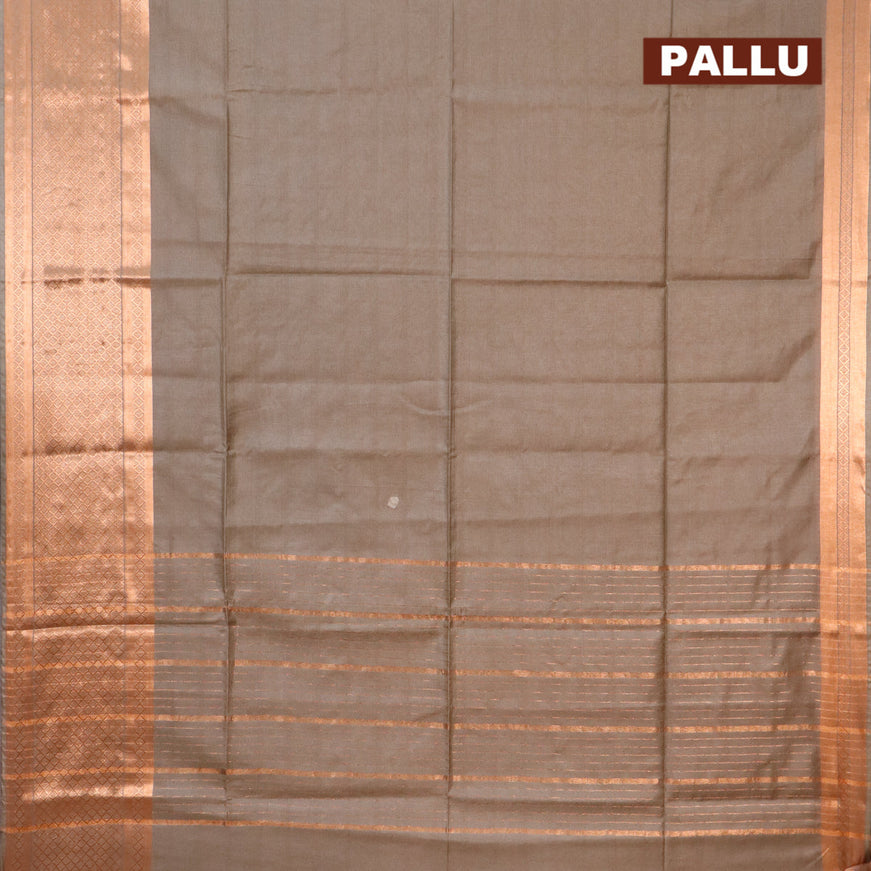 Semi tussar saree grey and pinnk with plain body and copper zari woven border & kalamkari printed blouse