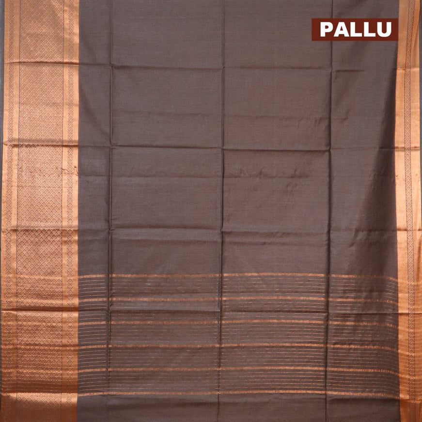 Semi tussar saree grey and reddish pink with plain body and copper zari woven border & kalamkari printed blouse