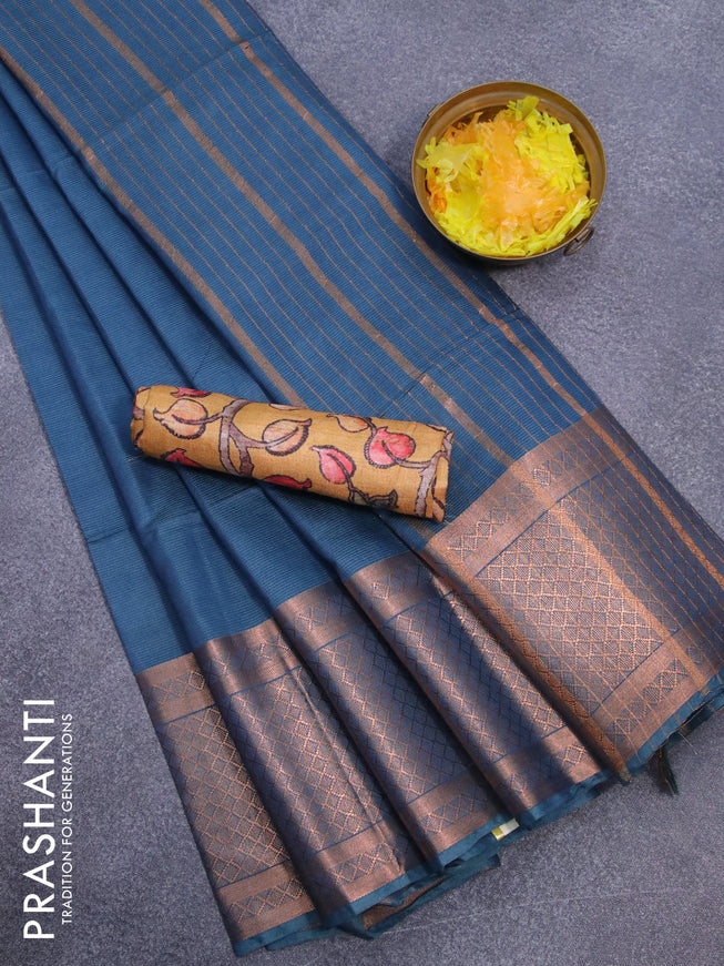 Semi tussar saree peacock blue shade and mustard yellow with plain body and copper zari woven border & kalamkari printed blouse