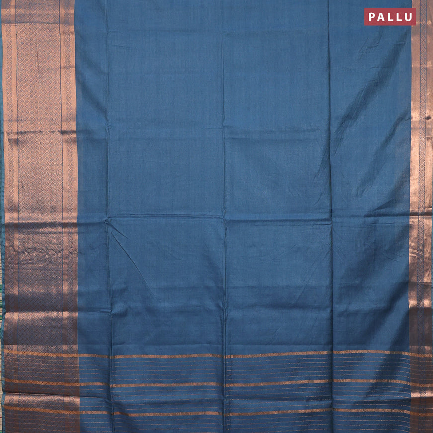 Semi tussar saree peacock blue shade and mustard yellow with plain body and copper zari woven border & kalamkari printed blouse