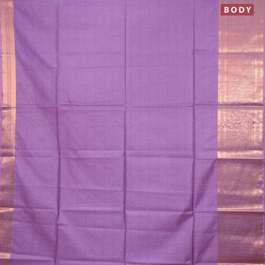 Semi tussar saree lavender shade and pink with plain body and copper zari woven border & kalamkari printed blouse