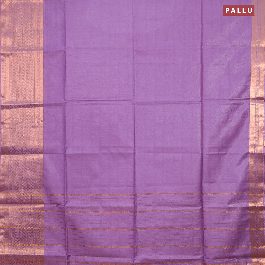 Semi tussar saree lavender shade and pink with plain body and copper zari woven border & kalamkari printed blouse