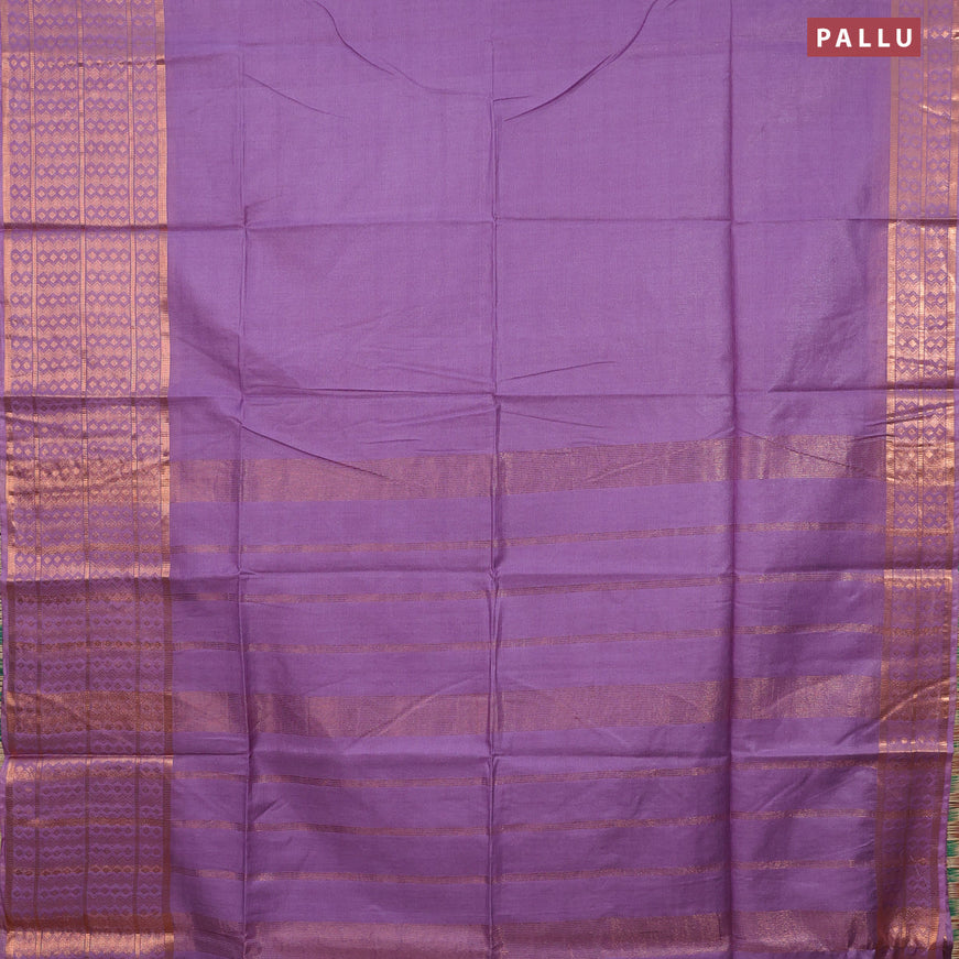 Semi tussar saree lavender shade and red with plain body and copper zari woven border & kalamkari printed blouse