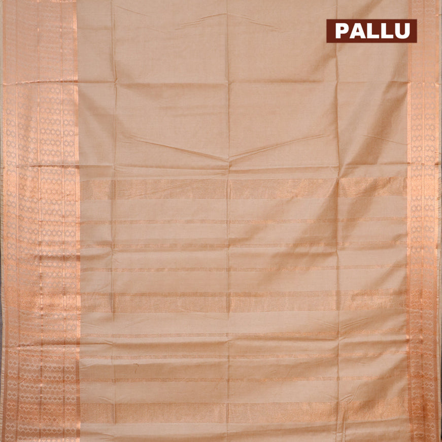 Semi tussar saree sandal and royal blue with plain body and copper zari woven border & kalamkari printed blouse