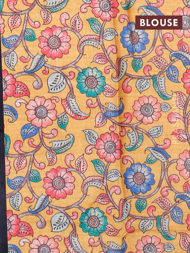 Semi tussar saree elephant grey and mustard yellow with plain body and copper zari woven border & kalamkari printed blouse