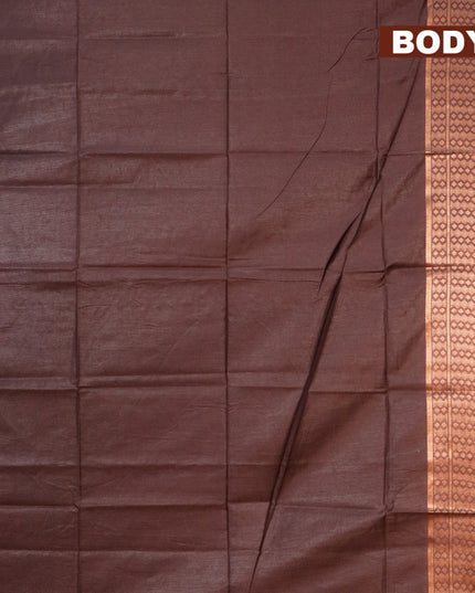 Semi tussar saree brown and dark green with plain body and copper zari woven border & kalamkari printed blouse