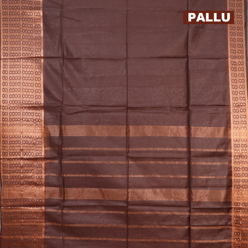 Semi tussar saree brown and dark green with plain body and copper zari woven border & kalamkari printed blouse