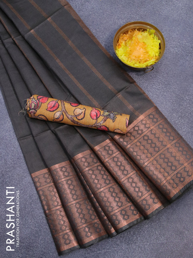 Semi tussar saree grey shade and mustard yellow with plain body and copper zari woven border & kalamkari printed blouse