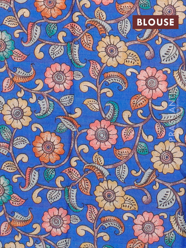 Semi tussar saree sandal and royal blue with plain body and copper zari woven border & kalamkari printed blouse