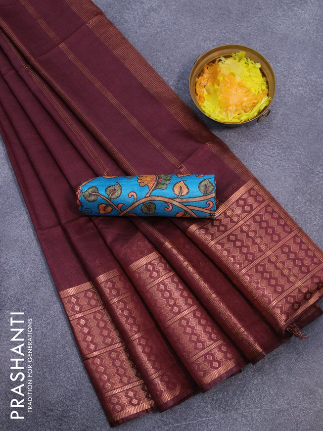 Semi tussar saree deep maroon and teal blue with plain body and copper zari woven border & kalamkari printed blouse
