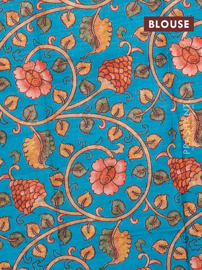 Semi tussar saree deep maroon and teal blue with plain body and copper zari woven border & kalamkari printed blouse