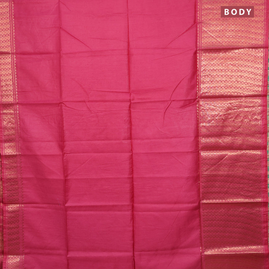 Semi tussar saree pink and teal blue with plain body and copper zari woven border & kalamkari printed blouse