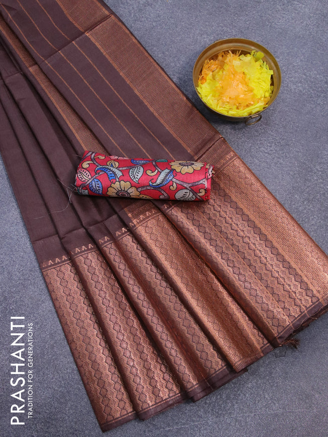 Semi tussar saree brown and red with plain body and copper zari woven border & kalamkari printed blouse
