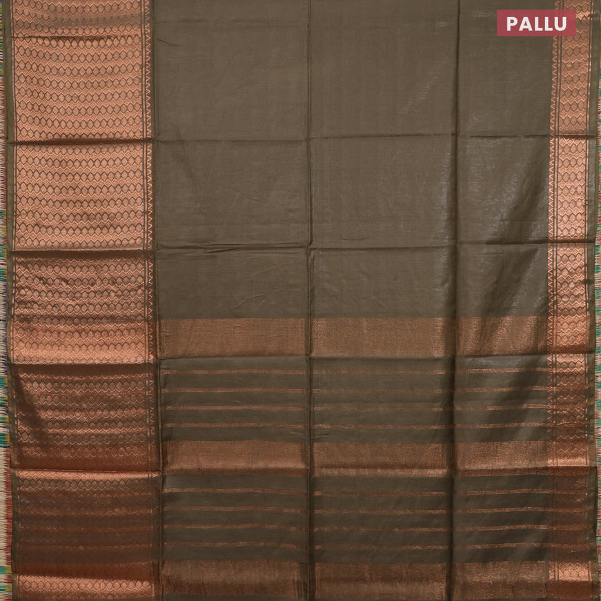 Semi tussar saree sap green shade and teal blue with plain body and copper zari woven border & kalamkari printed blouse