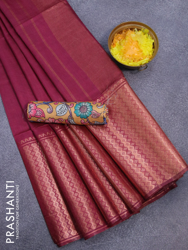 Semi tussar saree magenta pink and mustard yellow with plain body and copper zari woven border & kalamkari printed blouse