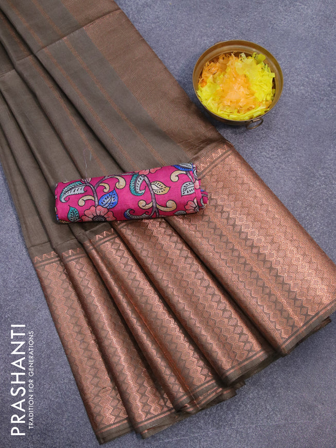 Semi tussar saree sap green shade and pink with plain body and copper zari woven border & kalamkari printed blouse