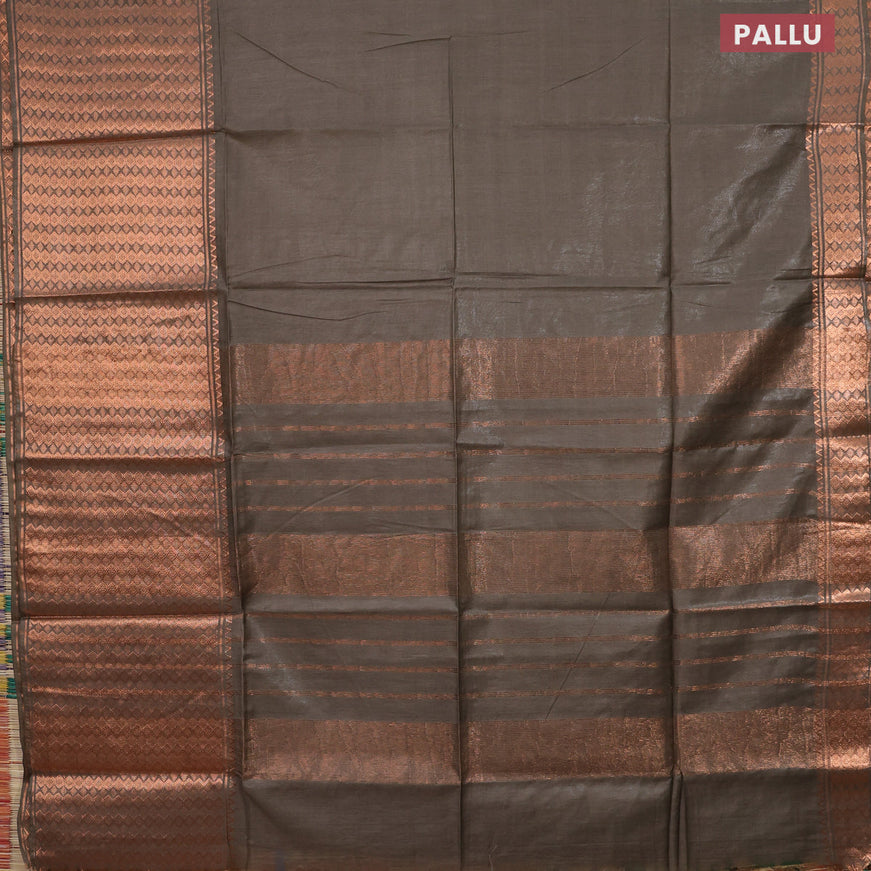 Semi tussar saree sap green shade and pink with plain body and copper zari woven border & kalamkari printed blouse