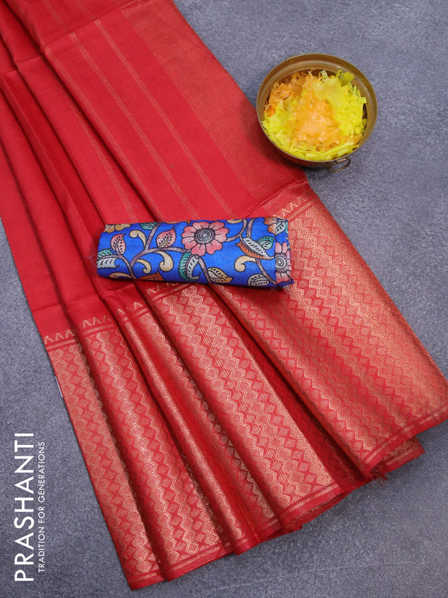 Semi tussar saree red and royal blue with plain body and copper zari woven border & kalamkari printed blouse