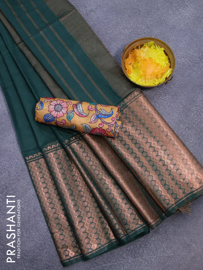Semi tussar saree green and mustard shade with plain body and copper zari woven border & kalamkari printed blouse