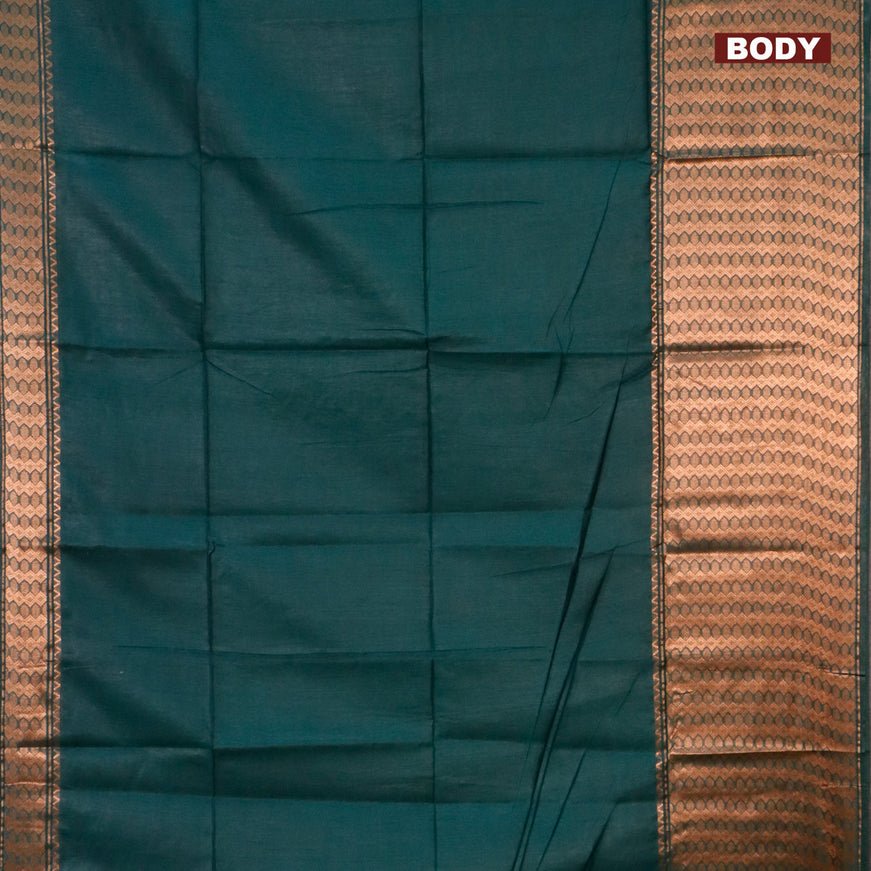 Semi tussar saree green and mustard shade with plain body and copper zari woven border & kalamkari printed blouse