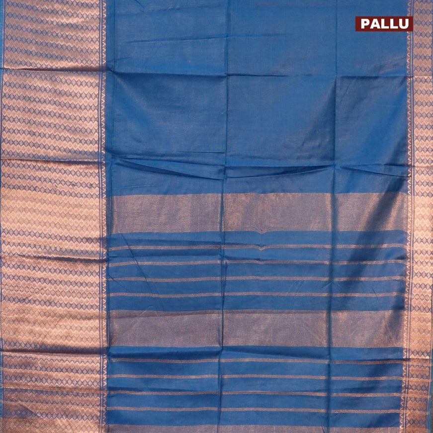 Semi tussar saree peacock blue and pink with plain body and copper zari woven border & kalamkari printed blouse