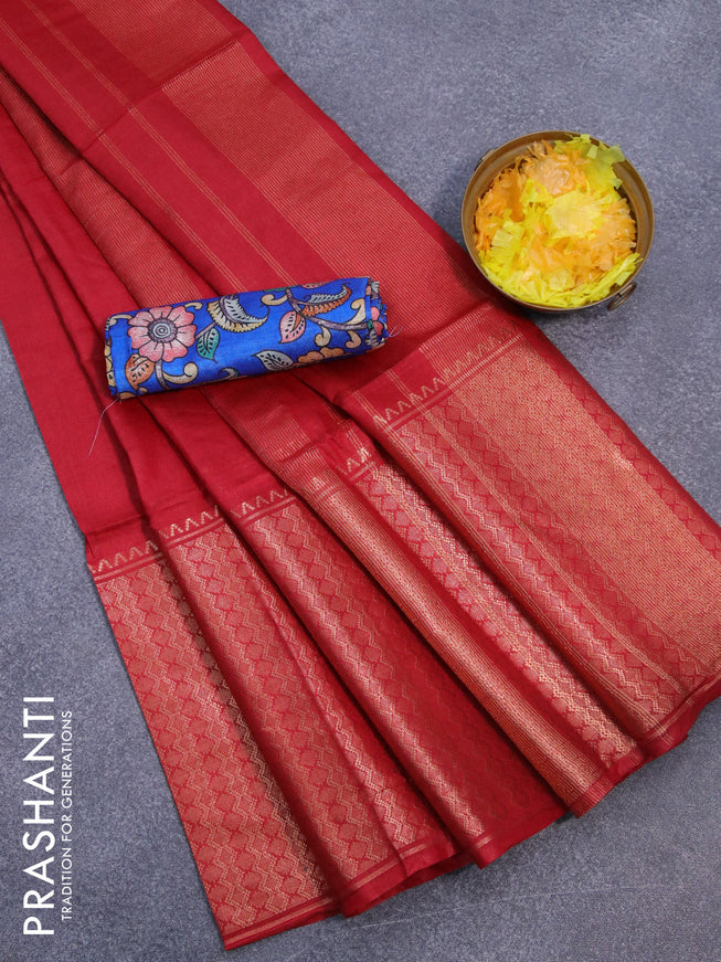 Semi tussar saree red and royal blue with plain body and zari woven border & kalamkari printed blouse