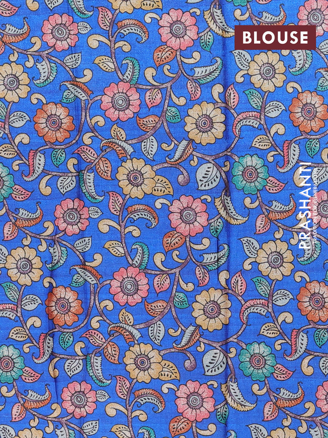 Semi tussar saree red and royal blue with plain body and zari woven border & kalamkari printed blouse