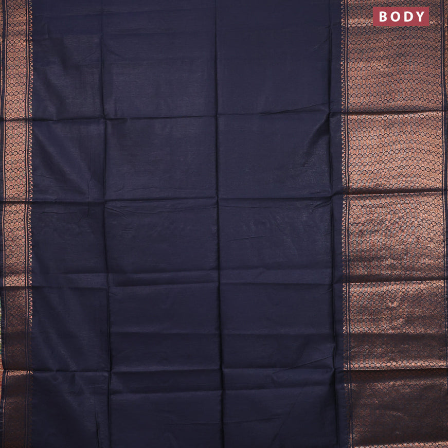 Semi tussar saree dark navy blue and pink with plain body and zari woven border & kalamkari printed blouse