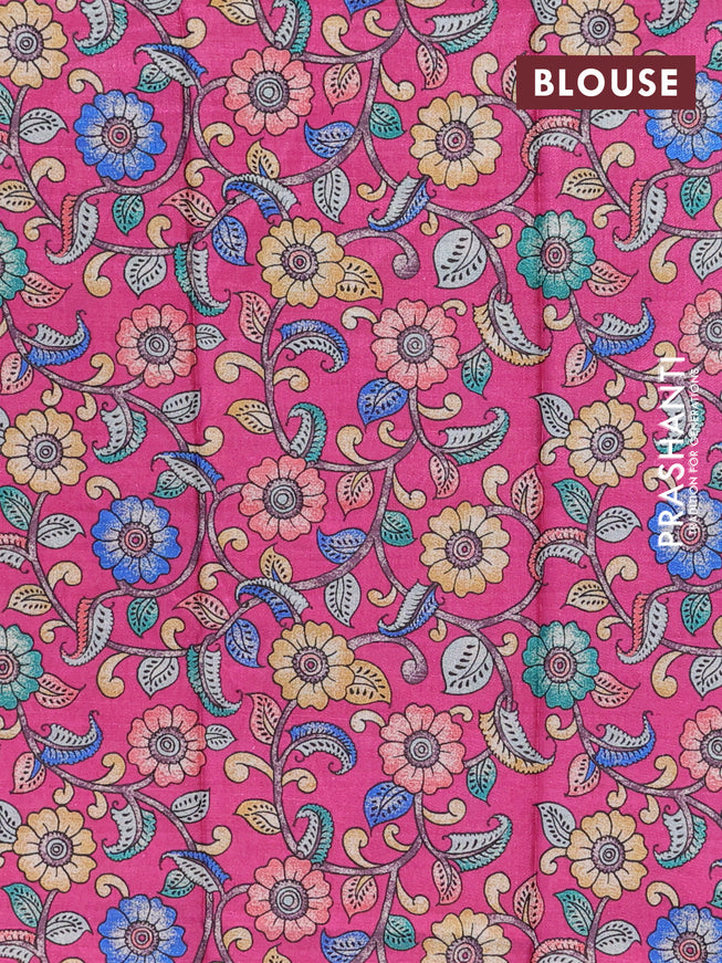 Semi tussar saree dark navy blue and pink with plain body and zari woven border & kalamkari printed blouse