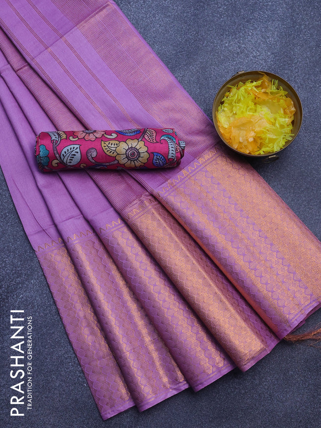Semi tussar saree lavender shade and pink with plain body and zari woven border & kalamkari printed blouse