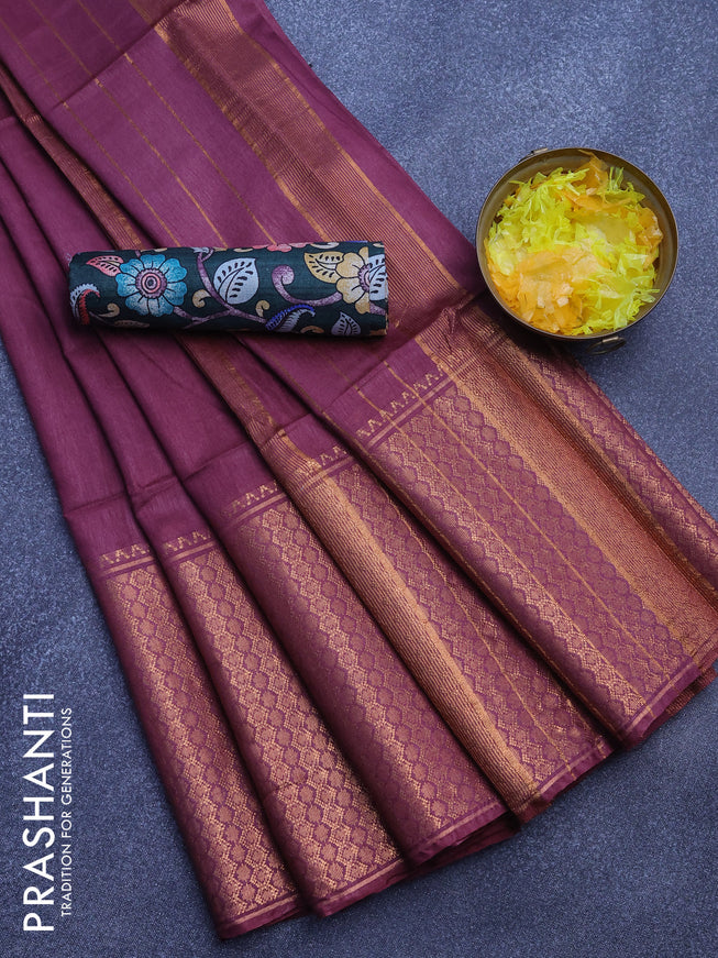 Semi tussar saree maroon and green with plain body and zari woven border & kalamkari printed blouse