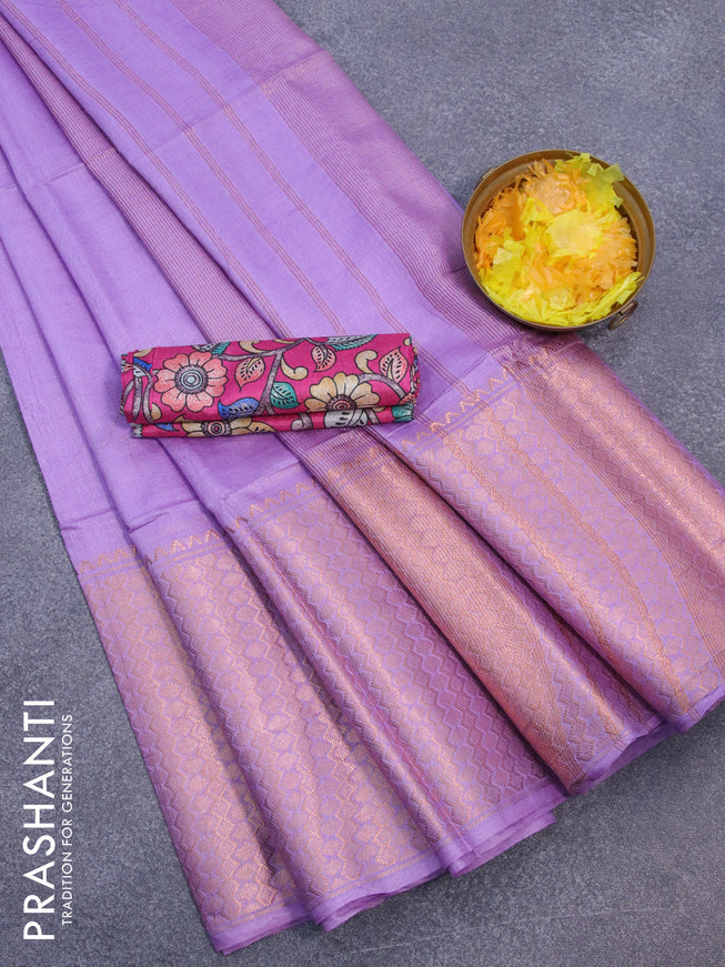 Semi tussar saree lavender shade and pink with plain body and zari woven border & kalamkari printed blouse