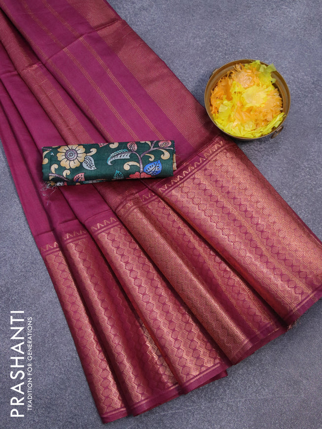 Semi tussar saree magenta pink and green with plain body and zari woven border & kalamkari printed blouse