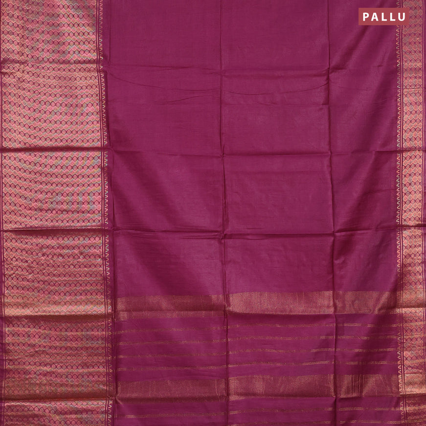 Semi tussar saree magenta pink and green with plain body and zari woven border & kalamkari printed blouse
