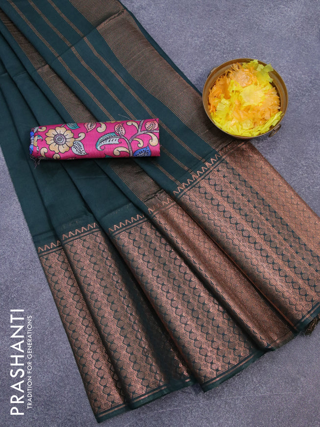 Semi tussar saree green and pink with plain body and zari woven border & kalamkari printed blouse