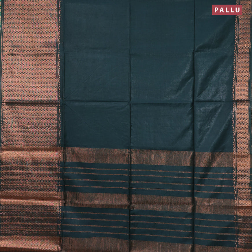 Semi tussar saree green and pink with plain body and zari woven border & kalamkari printed blouse