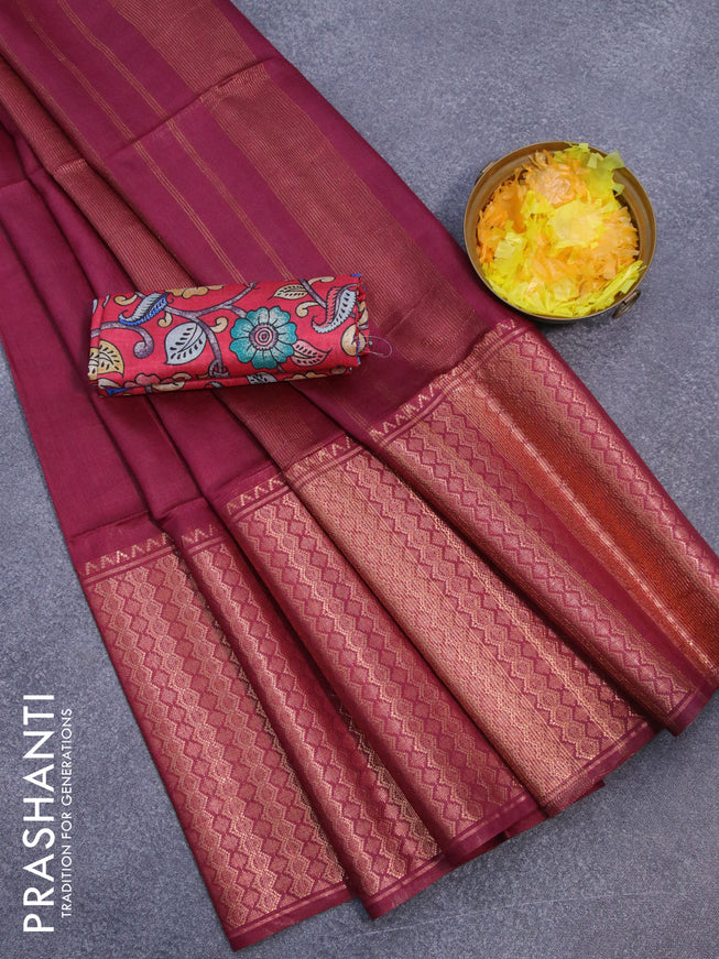 Semi tussar saree maroon and red with plain body and zari woven border & kalamkari printed blouse