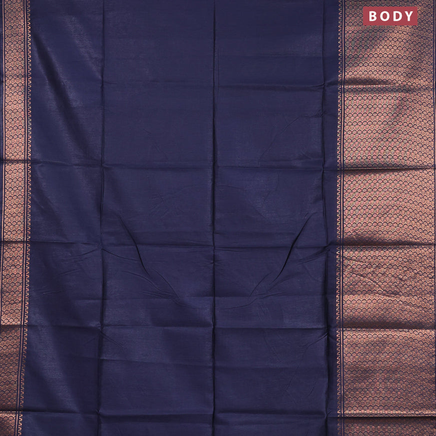 Semi tussar saree navy blue and red with plain body and zari woven border & kalamkari printed blouse