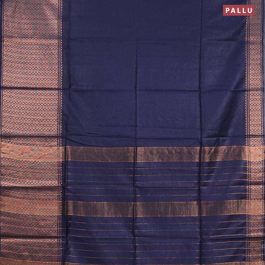 Semi tussar saree navy blue and red with plain body and zari woven border & kalamkari printed blouse