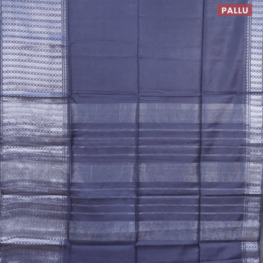 Semi tussar saree grey with plain body and silver zari woven border & kalamkari printed blouse
