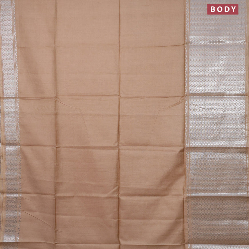Semi tussar saree sandal and peach pink with plain body and silver zari woven border & kalamkari printed blouse