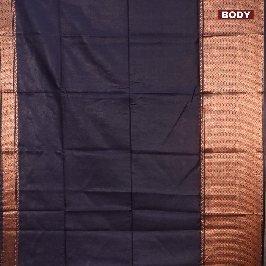 Semi tussar saree navy blue and tomato red with plain body and copper zari woven border & kalamkari printed blouse