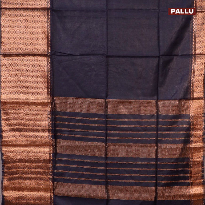 Semi tussar saree navy blue and tomato red with plain body and copper zari woven border & kalamkari printed blouse