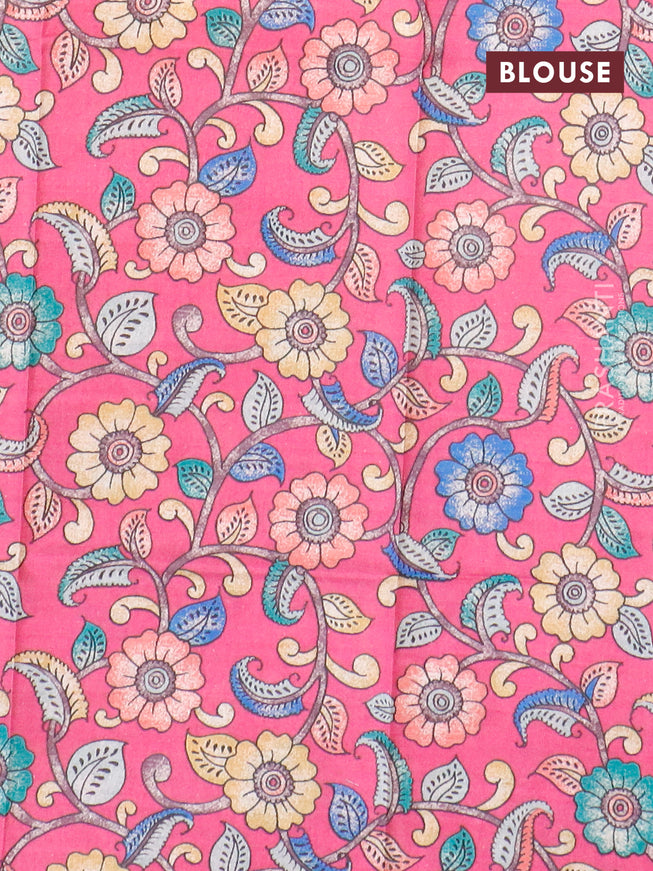 Semi tussar saree pastel blue and pink with plain body and copper zari woven border & kalamkari printed blouse