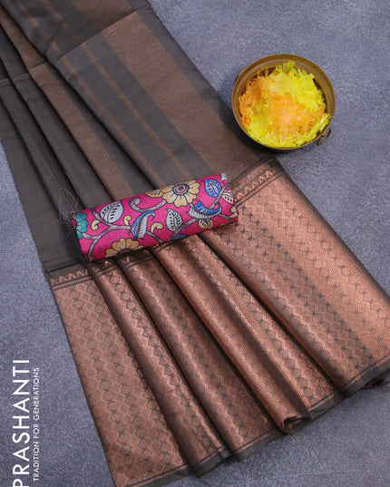 Semi tussar saree grey shade and pink with plain body and copper zari woven border & kalamkari printed blouse