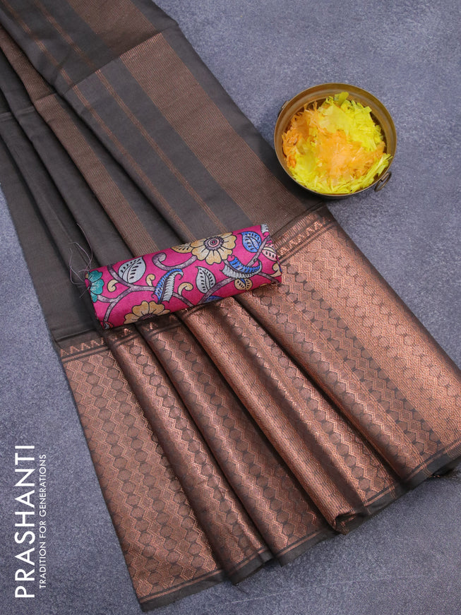 Semi tussar saree grey shade and pink with plain body and copper zari woven border & kalamkari printed blouse