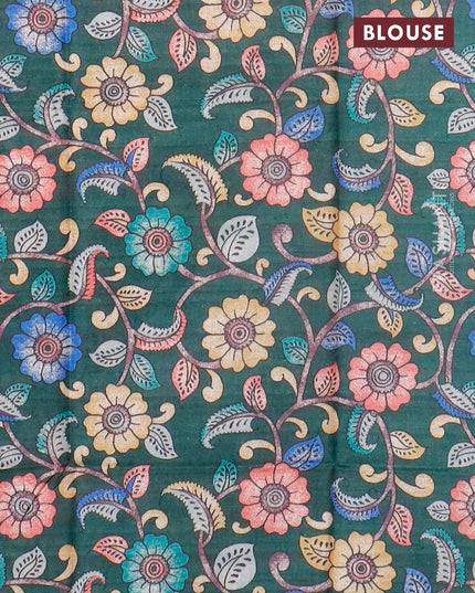 Semi tussar saree sandal and green with plain body and copper zari woven border & kalamkari printed blouse