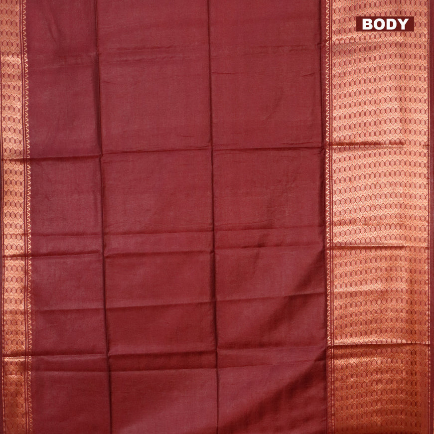 Semi tussar saree maroon and mustard yellow with plain body and copper zari woven border & kalamkari printed blouse