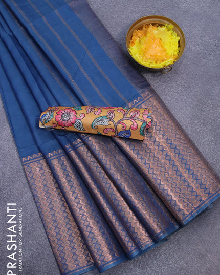 Semi tussar saree peacock blue and mustard yellow with plain body and copper zari woven border & kalamkari printed blouse
